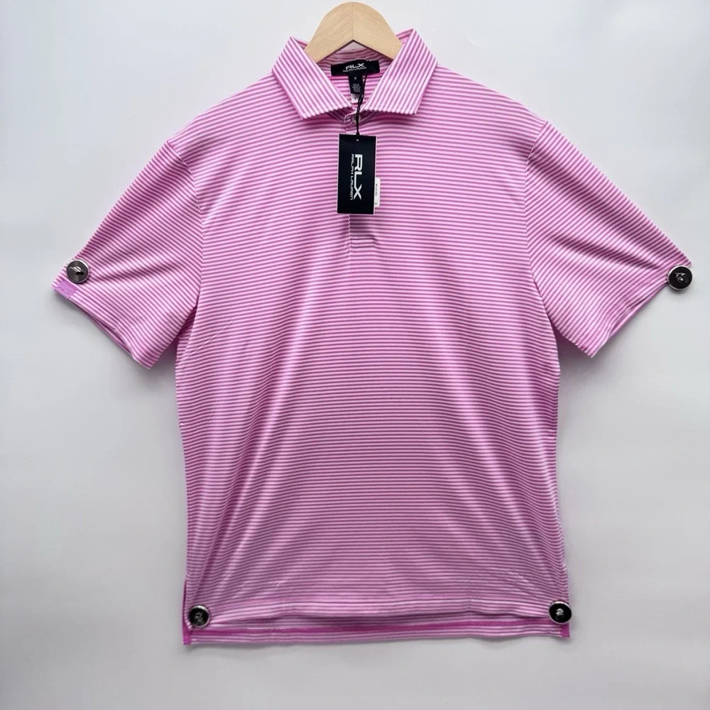 RLX Ralph Lauren Gold Concept 1 Mens Medium Golf Shirt Lightweight Pink White